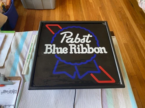 Vintage Pabst Blue Ribbon Beer Lighted Square Hanging Bar Sign - Working
