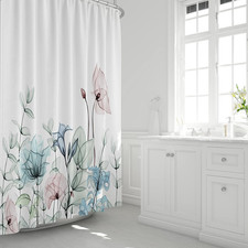Fabric Floral Shower Curtain Set with 12 Hooks Watercolor Bath Curtain Modern Ba
