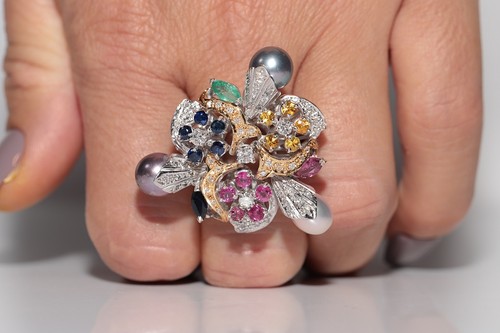 Vintage 1980s 18k Gold Diamond Emerald Ruby Sapphire And Pearl Strong Ring - Picture 12 of 14
