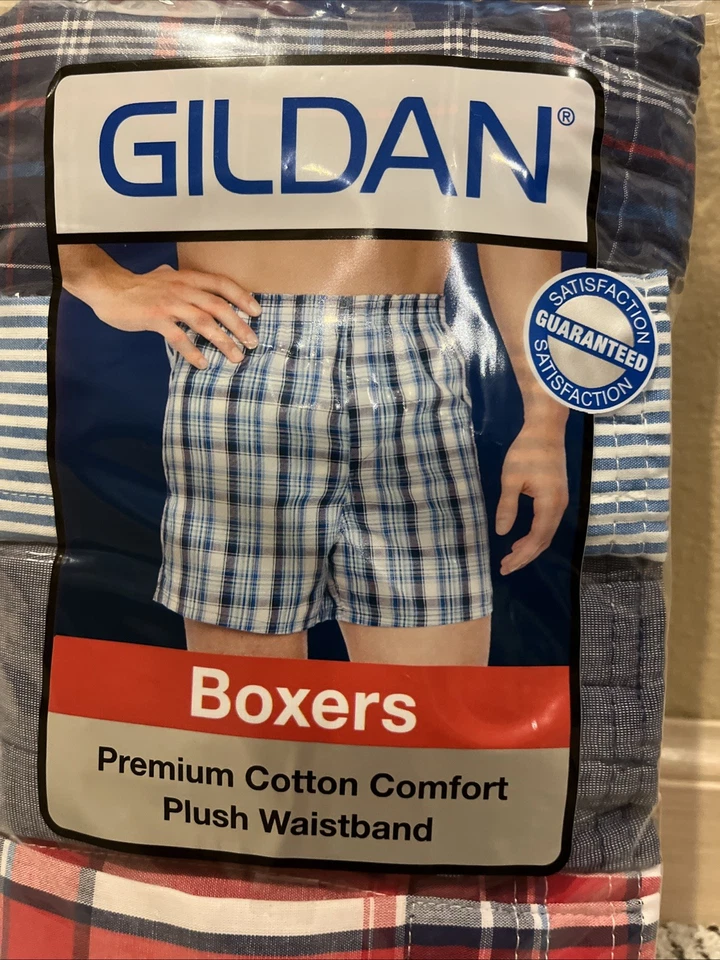 Paquete de 4 calzoncillos boxer GILDAN para hombre talla L 36-48 tartán, rayas, lisos - en paquete Foto 3 de 4