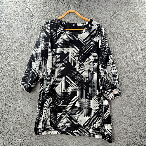 Maggie T Womens Tunic Top Plus Size 14 Black White 3/4 Sleeve Round Neck
