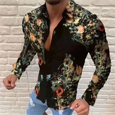 Button Down Shirt Men Flower Floral Black Long Sleeve Party Fashion Slim Fit Top