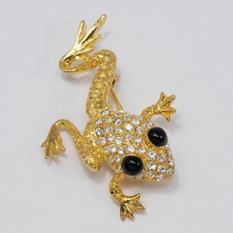 Broche prendedor rana dorada Oscar de la Renta con cristales transparentes pavé, cabujones negros Foto 3 de 4