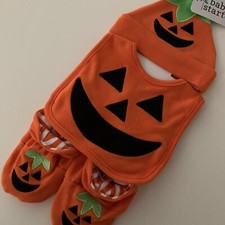 Baby Starters Halloween Baby Infant 0-6M Orange Pumpkin Hat Bib Booties Costume