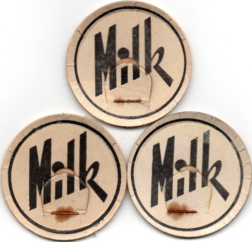 Milk Bottle Cap - 3  simply MILK caps - generic - used 1 5/8" diameter