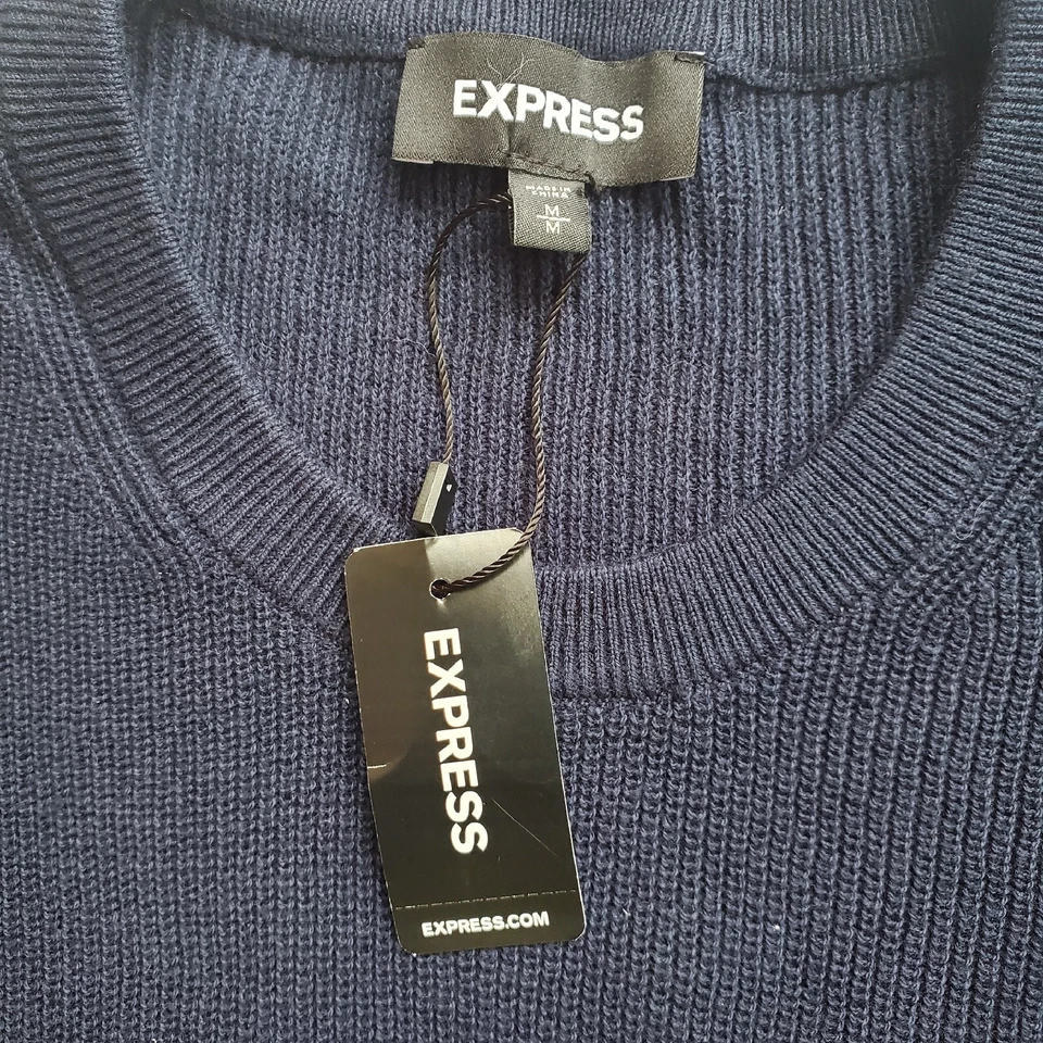 Express Pullover Crew Neck Sweater Men's M Burgundy Navy Long Sleeve NWT - Image 3 of 4