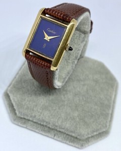 Authentic Genuine Must de Cartier Tank Gold-Plated Silver Gilt Lapis Blue Dial Manual