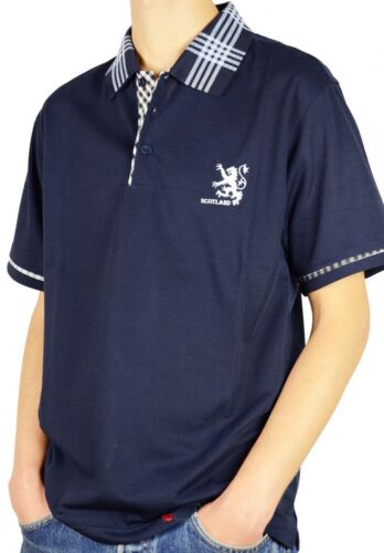 Mens Scotland Lion Tartan Collar Polo Shirt Navy Blue - Picture 2 of 4