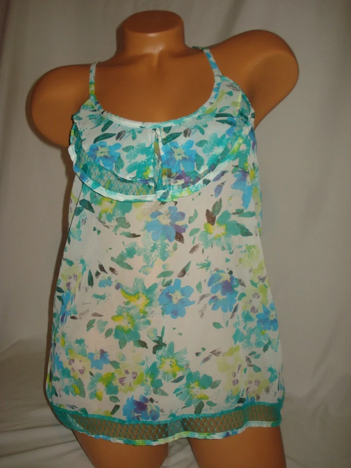 Bongo Tank Top Blue Floral Sheer Lace Ruffle Layered Sleeveless - Image 2 of 4