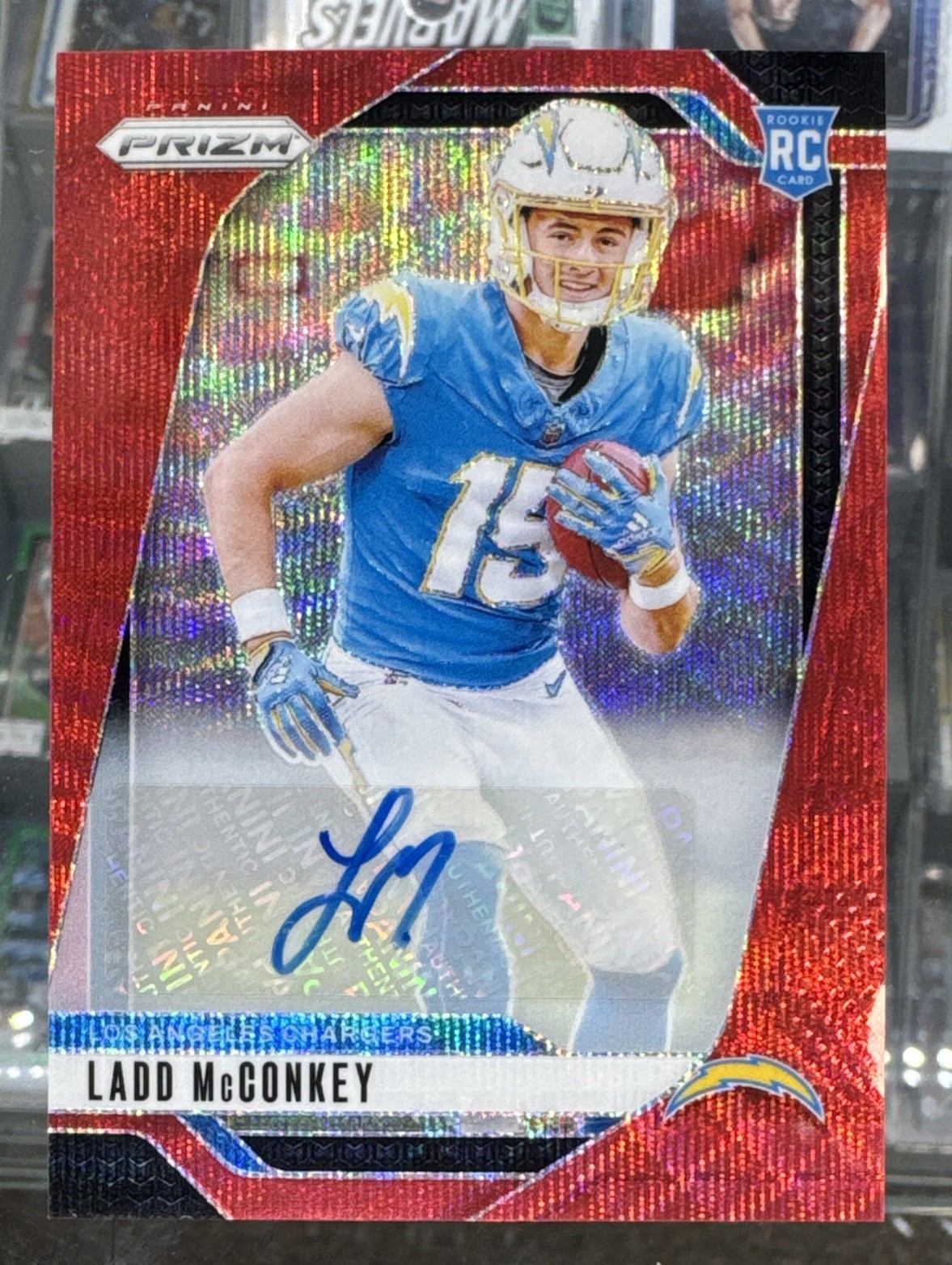 2024 Prizm Rookies Red Wave Auto /149 Ladd McConkey #365 Rookie Auto Chargers