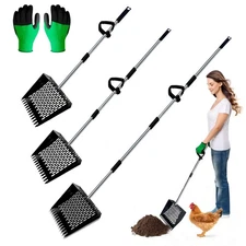 Metal Chicken Poop Scooper & Rake with Gloves - 62" Adjustable Handle Scoop