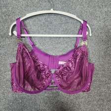 Cacique Unlined Balconette Bra 46DD Purple Floral Lace Strappy Gold Hardware
