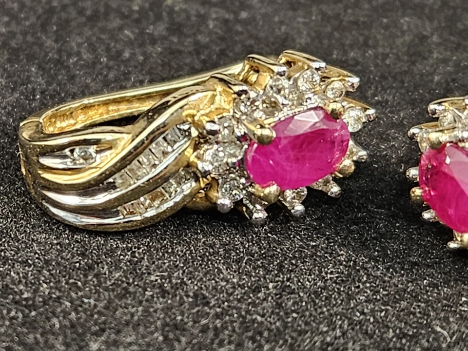 ADL 10K Yellow Gold Oval Ruby Diamond Solitaire / Baguette Drop Down Earrings - Image 2 of 4