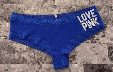 NWT VICTORIA'S SECRET PINK M BLUE LACE GLITTER LOGO VINTAGE RARE CHEEKY PANTIES