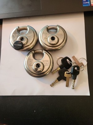 Lot Of 3 Abus 20/70mm Stainless Steel Diskus Locks   3 Keys Good