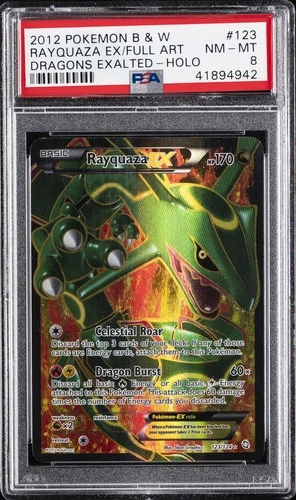 2012 POKEMON B&W DRAGONS EXALTED #123 FULL ART/RAYQUAZA EX PSA 8