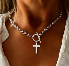 NEW Toggle Style Stainless Steel Cross Pendant Necklace Fashion Jewelry Gift