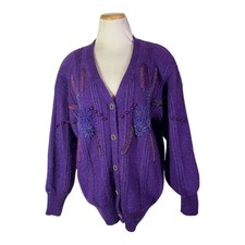 Vintage 80s Size M Shannan Purple Cardigan Beaded Acrylic Mohair Blend