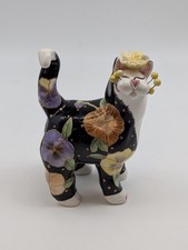 Vintage 2002 Annaco Creations Whimisclay Ceramic Cat Amy Lacombe Floral Black
