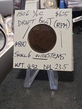 1806 Draped Bust Large 1/2 Cent Small 6 With Stems - Free Shipping USA
