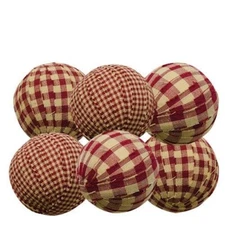 NEW PRIMITIV FARMHOUSE BURGUNDY TAN RAG BALLS 6 PCS Bowl Fillers 2.25" Plaid 