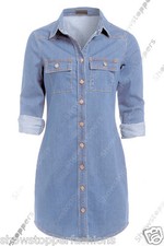 NEW Womens Longline Denim Shirt Dress Ladies Jean Dresses Size 6 8 10 12 14 Blue