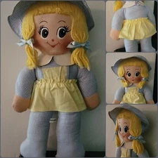Vintage 50s Blue gingham Plush cloth Rag Doll Stuffed Yarn Hair Toy Girl 15 1/2"