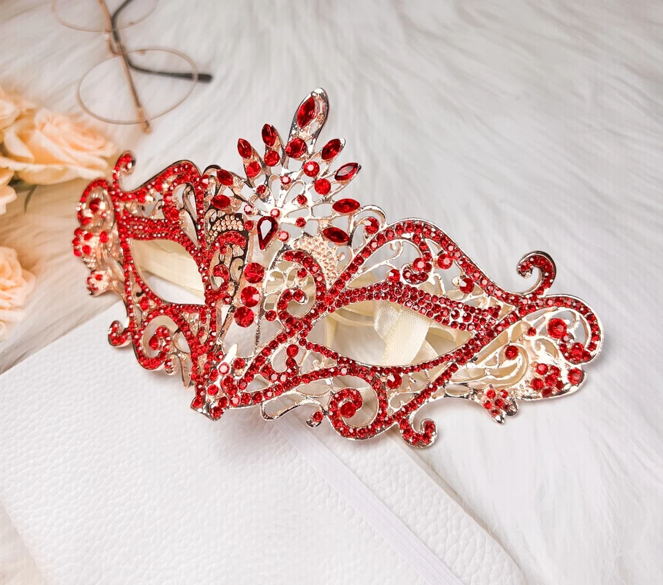 Masquerade Mask Luxury Ruby Red Crystal, Rhinestone Eye Mask, Elegant Party Mask - Image 2 of 4