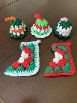 Vintage Crochet Ornaments Handmade Christmas Bells Stockings Granny Square Lot