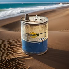 VINTAGE SUNOCO DX 5 GALLON CAN EMPTY USED WHITE BLUE LARGE GAS OIL CAN USED VTG
