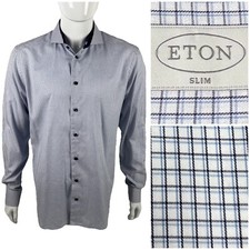 Eton Mens 43 - 17 Shirt Blue Checks 100% Cotton Made In Europe Long Sleeve