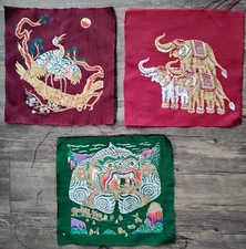 Thai Silk Painted Art Blocks 12 Inches Square Lot of 3 Green Maroon Elephant etc