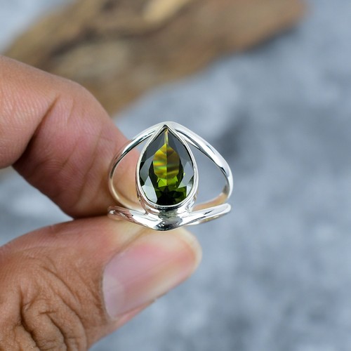 Handmade Lab created Peridot- Sterling Silver Band - Size 8