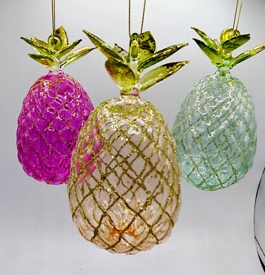 Yellow Pink Green Pineapple 5.5'' Glass Ornament Set 3 Beach Coastal Christmas