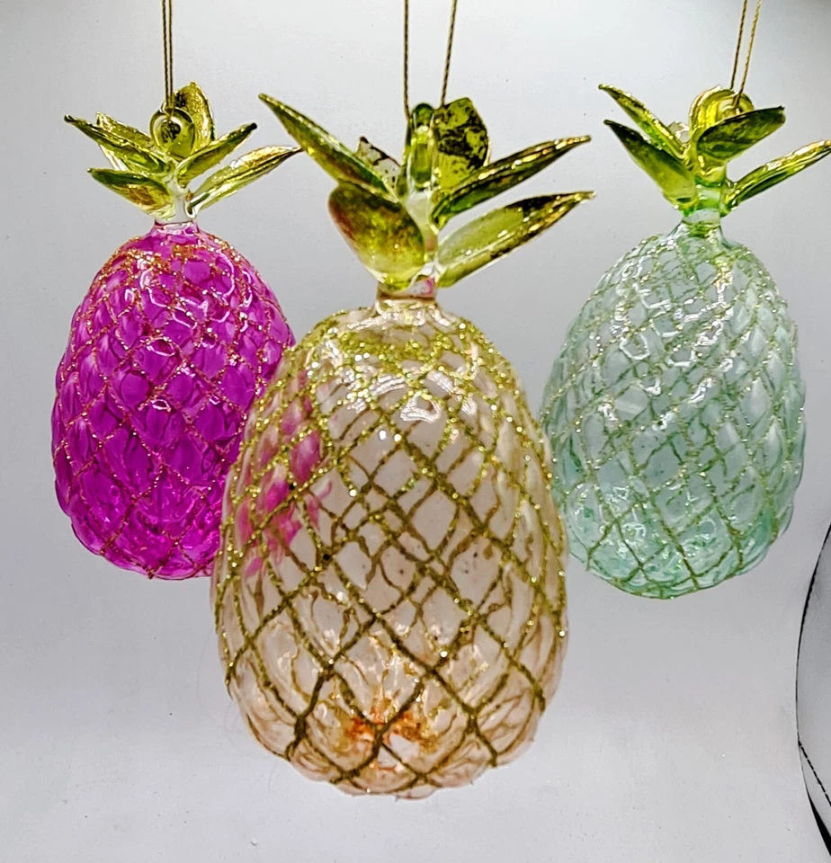 KURT ADLER Pineapple 5.5" Glass Ornament Set 3 Yellow Pink Green Beach Coastal Christmas