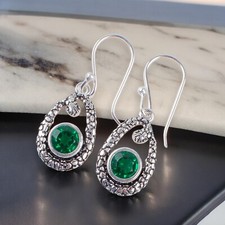 Gift For Her Green Emerald Drop/Dangle Vintage Earrings 925 Silver