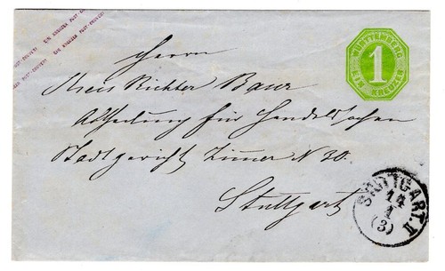Württemberg GA 1 Kr as Local Letter Stuttgart (CA1309)