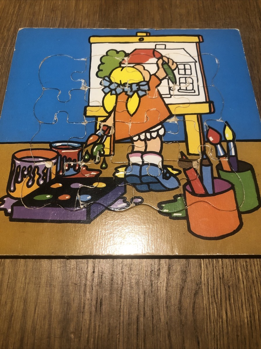 Vintage Wooden Jigsaw Puzzle 16 Pieces School Girl Painting Art