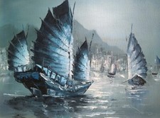 Framed Mid Century Original Oil On Canvas Blue Junk Boats Hong Kong Harbour