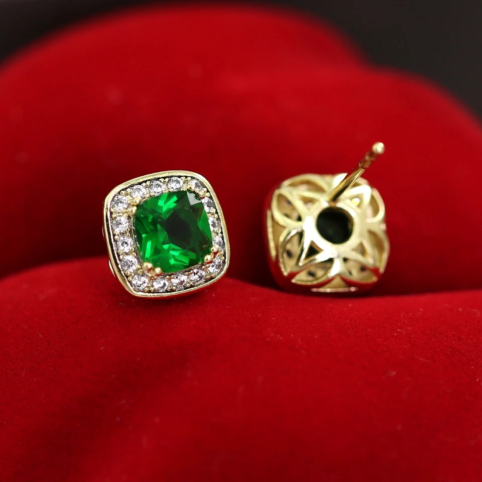 14K GOLD GF EMERALD GREEN SQUARE HALO SIMULATED DIAMONDS VINTAGE STUD EARRINGS Foto 4 de 4