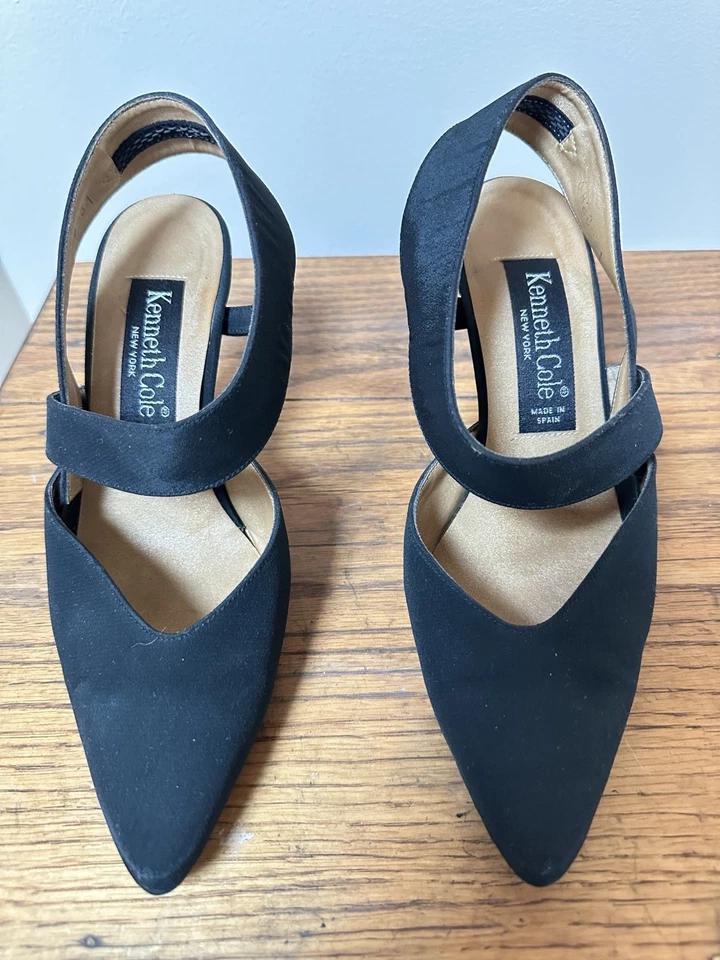 Kenneth Cole Black Satin Slingback Elegant Evening Sexy Heels 6M - Image 3 of 4