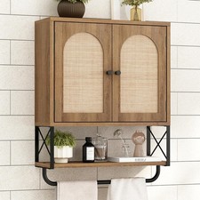 Rattan Bathroom Wall Cabinet, Boho Over The Toilet Storage Cabinet with Arched