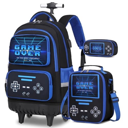 Rolling Backpack for Boys - Roller Wheels School Bookbag with Lunch Bag &  Black | eBay