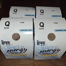 4 Pack Leggs Sheer Energy Control Top Size Q Nude 97846 Light Support Pantyhose