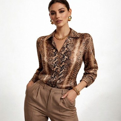 Allison Taylor Petite 100% Silk Blouse Animal Print Python Leopard PM Medium