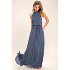 Lulus Slate Blue Halter Neck Maxi Dress Small NWT Formal Wedding Guest Gown