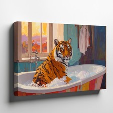 Canvas Wall Art a Vibrant Bathroom Scene Featuring a Striped Bathtub Filled
