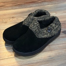 Clark's 8 Cozy Black and Brown Slippers with Button Detail Leather Upper