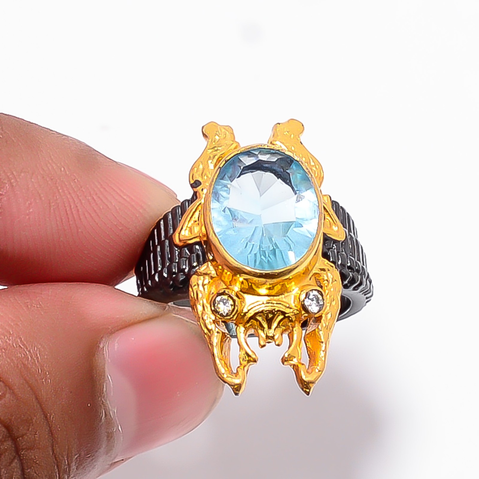 Concave Cut Blue Topaz & White Topaz 925 Sterling Silver Frog Ring S.7.5 R87512
