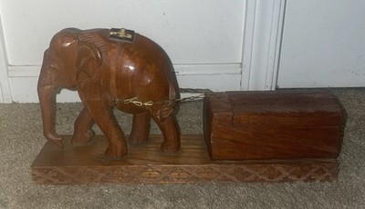 Vintage Hand Carved Teak Wooden Elephant pulling Cigarette/Matches Trunk